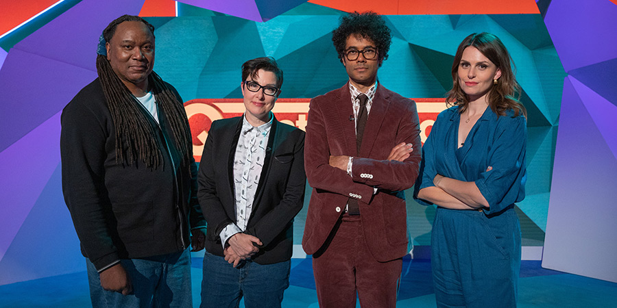 Question Team. Image shows from L to R: Reginald D Hunter, Sue Perkins, Richard Ayoade, Ellie Taylor