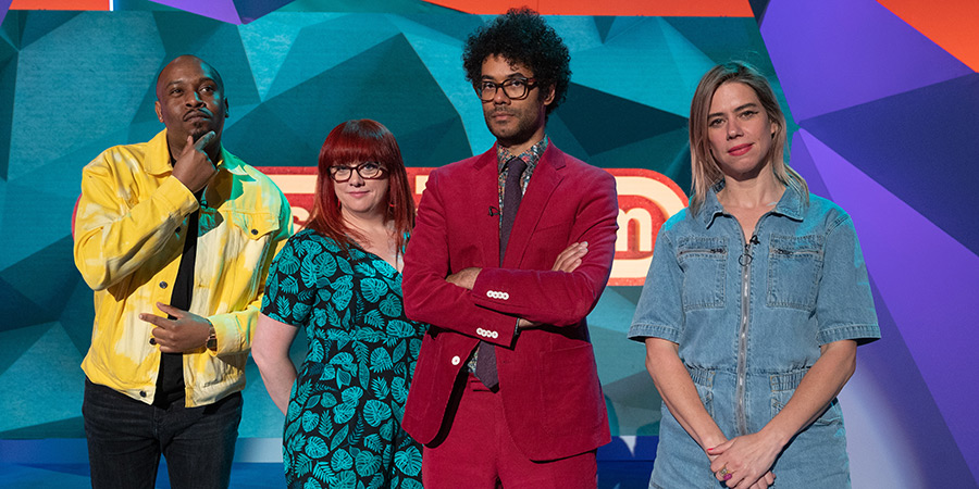 Question Team. Image shows from L to R: Dane Baptiste, Angela Barnes, Richard Ayoade, Lou Sanders