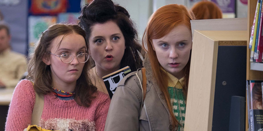 Raised By Wolves. Image shows from L to R: Yoko Garry (Molly Risker), Germaine Garry (Helen Monks), Aretha Garry (Alexa Davies). Copyright: Big Talk Productions