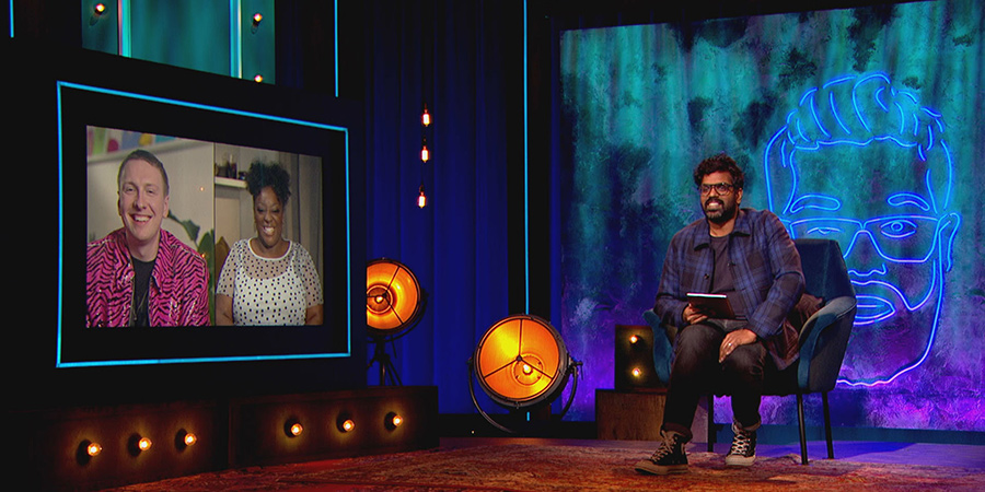 The Ranganation. Image shows from L to R: Joe Lycett, Judi Love, Romesh Ranganathan. Copyright: Zeppotron