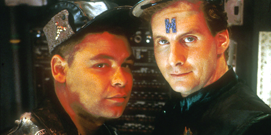 Red Dwarf. Image shows left to right: Lister (Craig Charles), Rimmer (Chris Barrie)