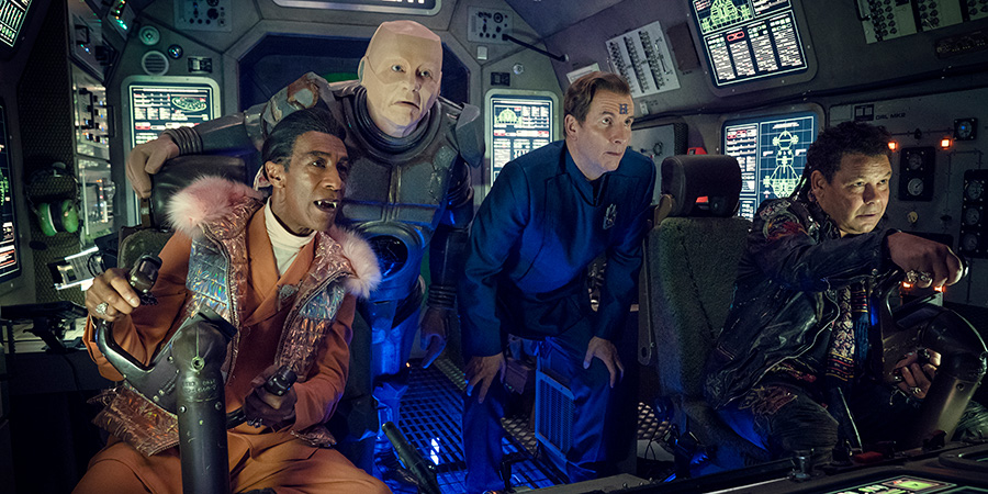 Red Dwarf. Image shows from L to R: Cat (Danny John-Jules), Kryten (Robert Llewellyn), Rimmer (Chris Barrie), Lister (Craig Charles)