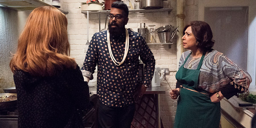 The Reluctant Landlord. Image shows from L to R: Natasha (Sian Gibson), Romesh (Romesh Ranganathan), Jayanthi (Shaheen Khan). Copyright: What Larks Productions