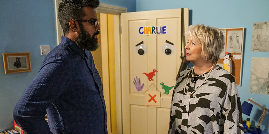 The Reluctant Landlord. Image shows from L to R: Romesh (Romesh Ranganathan), Debbie (Alison Steadman). Copyright: What Larks Productions