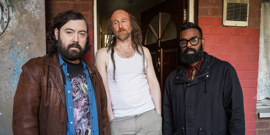 The Reluctant Landlord. Image shows from L to R: Lemon (Nick Helm), Dreadlock Jeff (Paul Kaye), Romesh (Romesh Ranganathan). Copyright: What Larks Productions