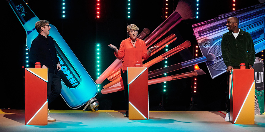 Rhod Gilbert's Growing Pains. Image shows from L to R: Josh Widdicombe, Clare Balding, Kiell Smith-Bynoe. Copyright: Rumpus Media