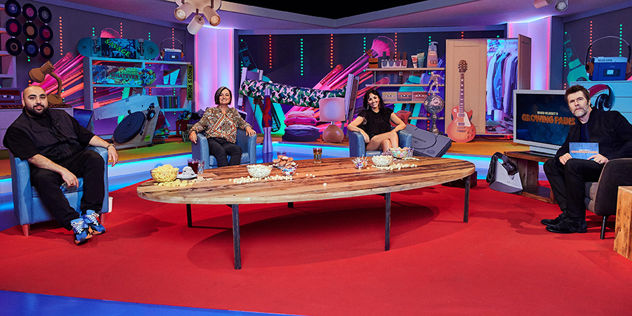 Rhod Gilbert's Growing Pains. Image shows from L to R: Asim Chaudhry, Zoe Lyons, Martine McCutcheon, Rhod Gilbert