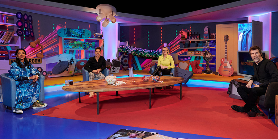 Rhod Gilbert's Growing Pains. Image shows from L to R: Sindhu Vee, Russell Kane, Steph McGovern, Rhod Gilbert