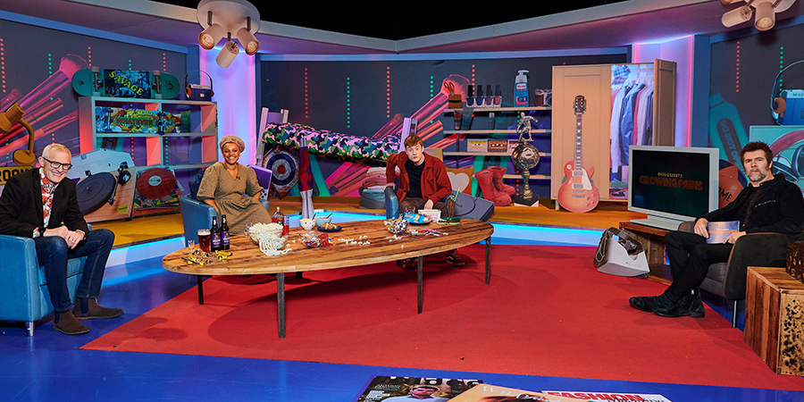 Rhod Gilbert's Growing Pains. Image shows from L to R: Jeremy Vine, Gemma Cairney, James Acaster, Rhod Gilbert