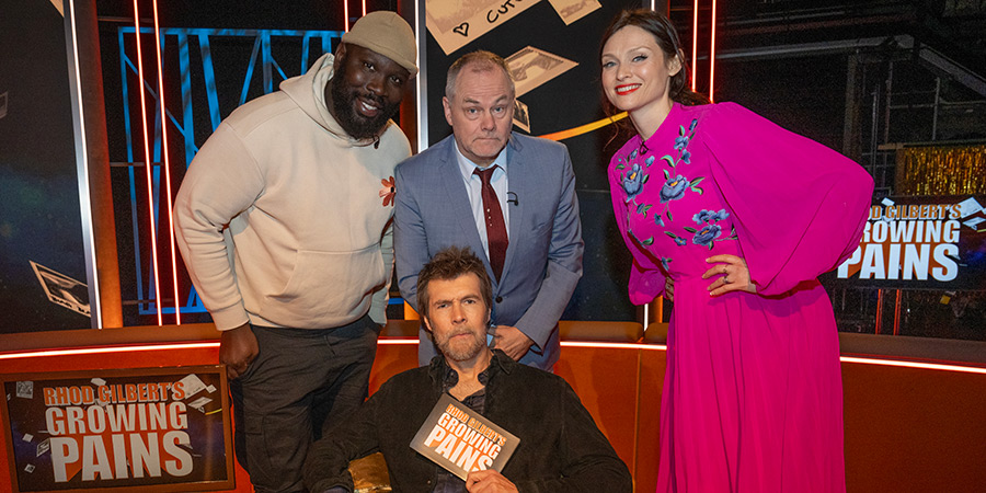 Rhod Gilbert's Growing Pains. Image shows left to right: Kevin Garry, Rhod Gilbert, Jack Dee, Sophie Ellis-Bextor