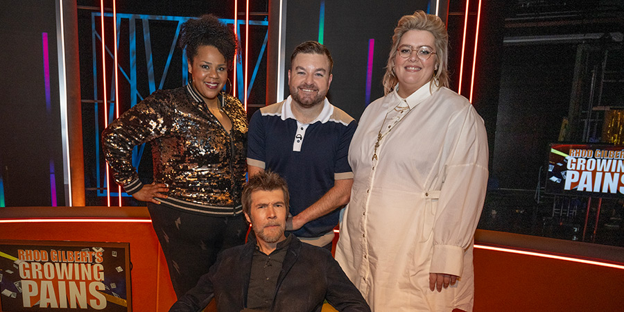 Rhod Gilbert's Growing Pains. Image shows left to right: Desiree Burch, Rhod Gilbert, Alex Brooker, Jayde Adams Rhod Gilbert's Growing Pains. Image shows left to right: Desiree Burch, Rhod Gilbert, Alex Brooker, Jayde Adams