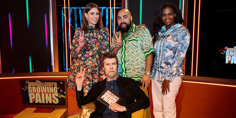 Rhod Gilbert's Growing Pains. Image shows left to right: Ellie Taylor, Rhod Gilbert, Asim Chaudhry, Oti Mabuse