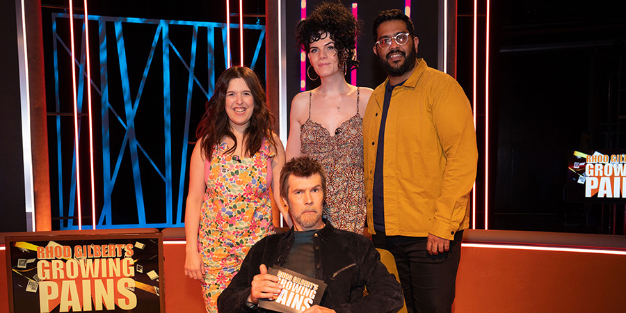 Rhod Gilbert's Growing Pains. Image shows left to right: Rosie Jones, Rhod Gilbert, Jordan Gray, Eshaan Akbar