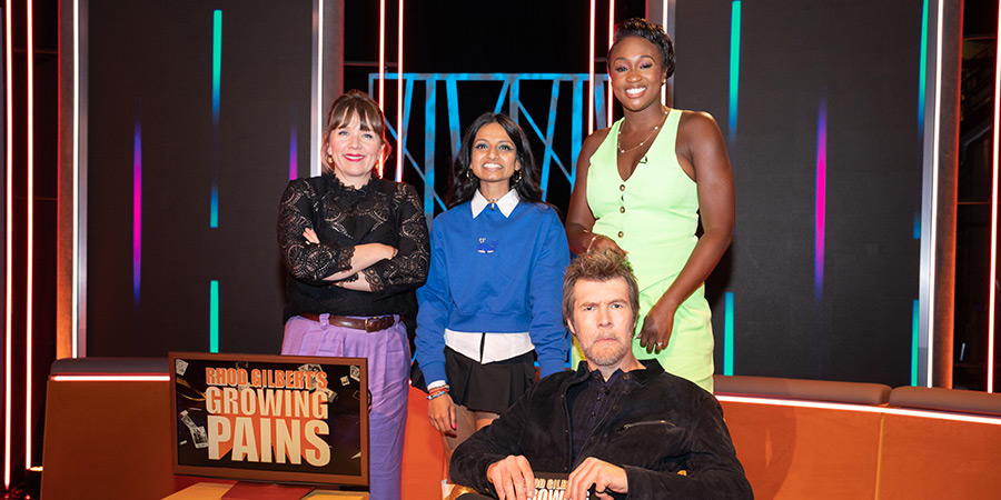 Rhod Gilbert's Growing Pains. Image shows left to right: Kerry Godliman, Pravanya Pillay, Rhod Gilbert, Remel London