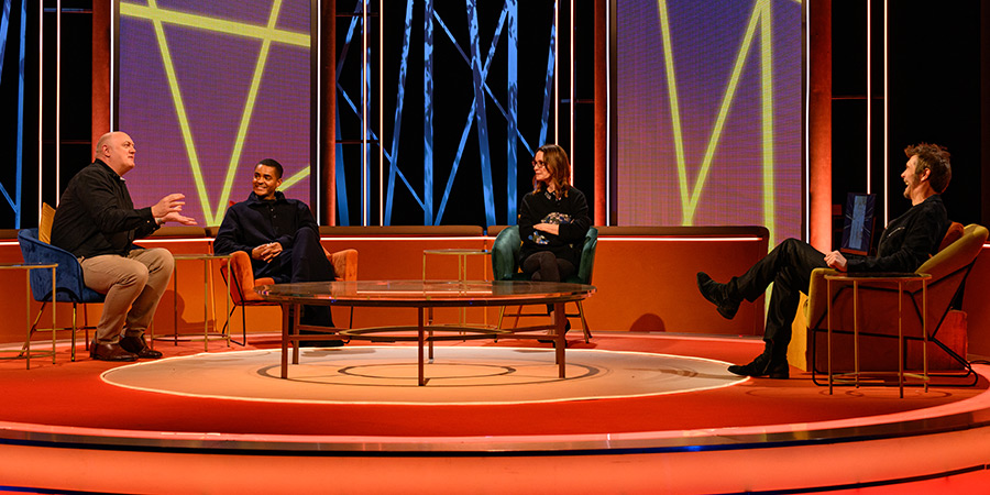 Rhod Gilbert's Growing Pains. Image shows left to right: Dara O Briain, Layton Williams, Susie Dent