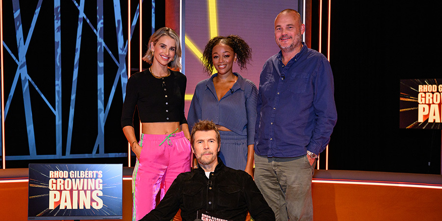 Rhod Gilbert's Growing Pains. Image shows left to right: Vogue Williams, Rhod Gilbert, Kyrah Gray, Al Murray