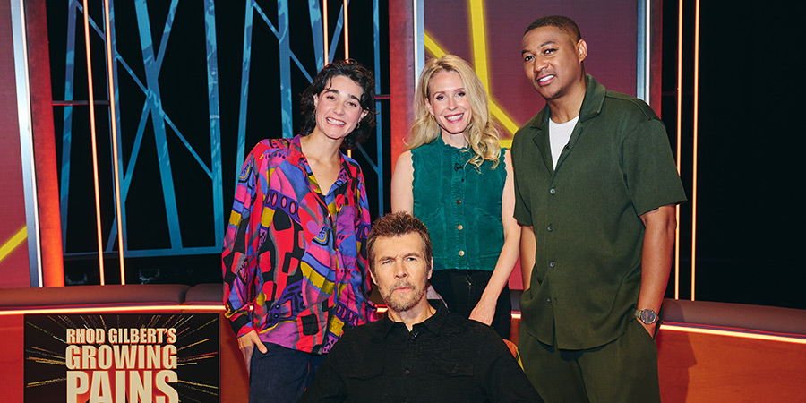 Rhod Gilbert's Growing Pains. Image shows left to right: Lara Ricote, Rhod Gilbert, Lucy Beaumont, Rickie Haywood-Williams