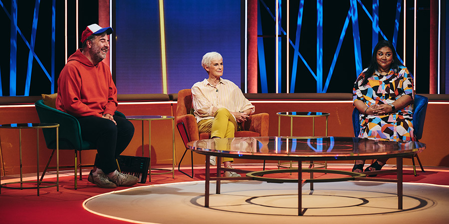 Rhod Gilbert's Growing Pains. Image shows left to right: David O'Doherty, Judy Murray, Sukh Ojla