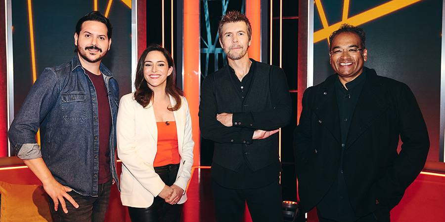 Rhod Gilbert's Growing Pains. Image shows left to right: Ignacio Lopez, Janine Harouni, Krishnan Guru-Murthy Rhod Gilbert's Growing Pains. Image shows left to right: Ignacio Lopez, Janine Harouni, Krishnan Guru-Murthy