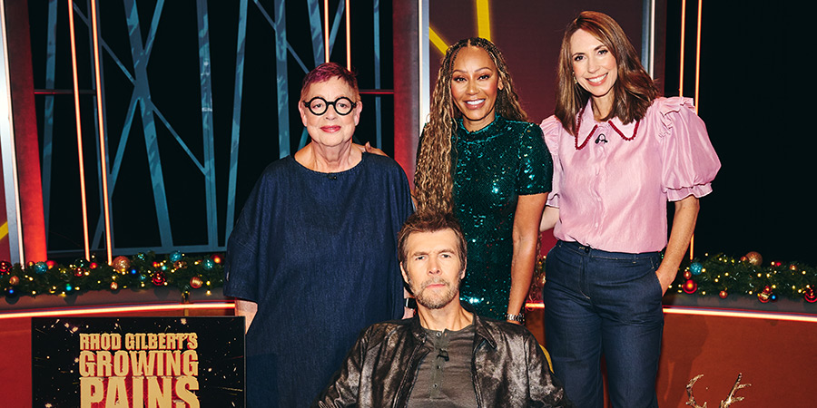 Rhod Gilbert's Growing Pains. Image shows left to right: Jo Brand, Rhod Gilbert, Melanie Brown, Alex Jones