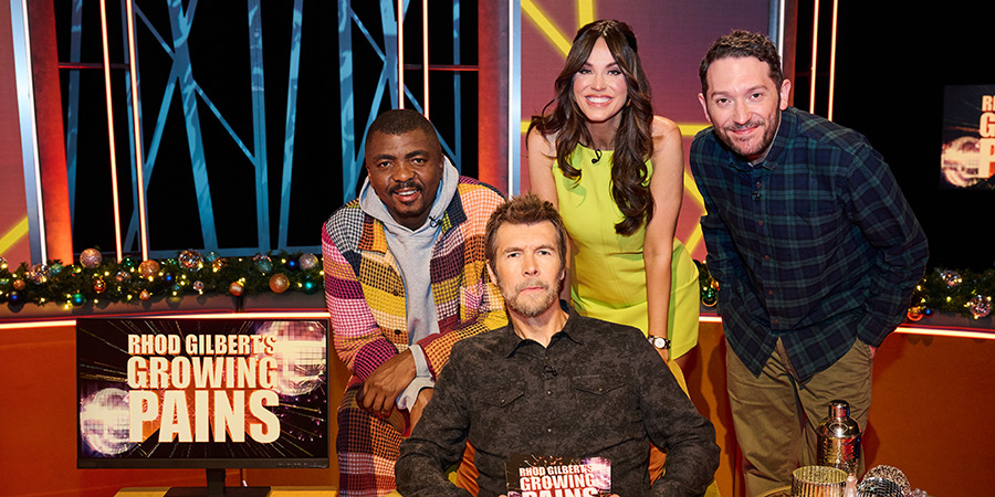 Rhod Gilbert's Growing Pains. Image shows left to right: Loyiso Gola, Rhod Gilbert, Vicky Pattison, Jon Richardson