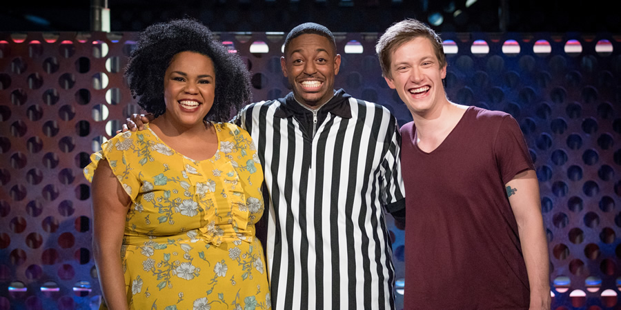 Roast Battle. Image shows from L to R: Desiree Burch, Brian Moses, Daniel Sloss