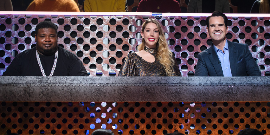 Roast Battle. Image shows from L to R: Big Narstie, Katherine Ryan, Jimmy Carr