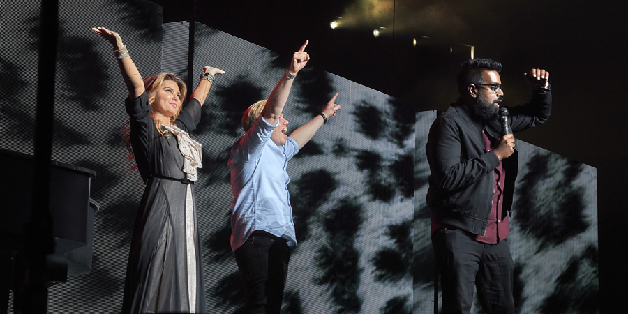 Rob And Romesh Vs. Image shows from L to R: Shania Twain, Rob Beckett, Romesh Ranganathan. Copyright: CPL Productions