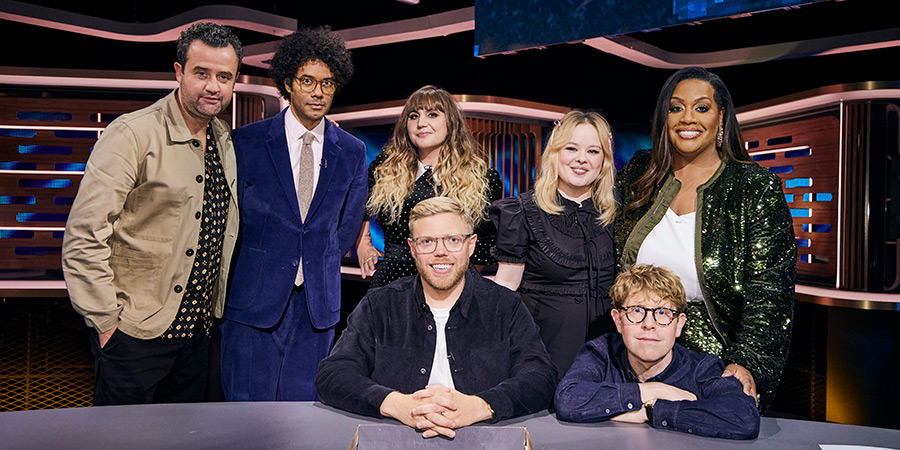 Rob Beckett's Smart TV. Image shows left to right: Daniel Mays, Richard Ayoade, Natasia Demetriou, Rob Beckett, Nicola Coughlan, Josh Widdicombe, Alison Hammond