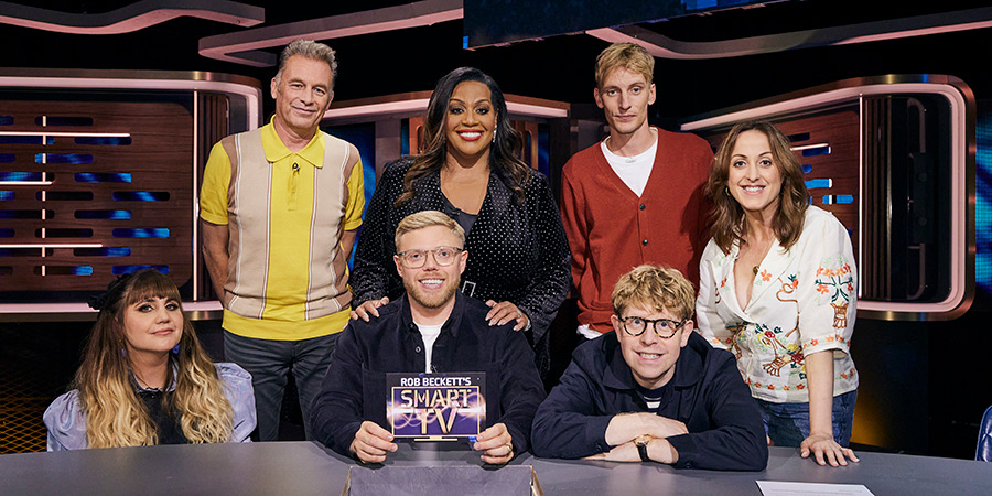 Rob Beckett's Smart TV. Image shows left to right: Natasia Demetriou, Chris Packham, Rob Beckett, Alison Hammond, Charlie Cooper, Josh Widdicombe, Natalie Cassidy