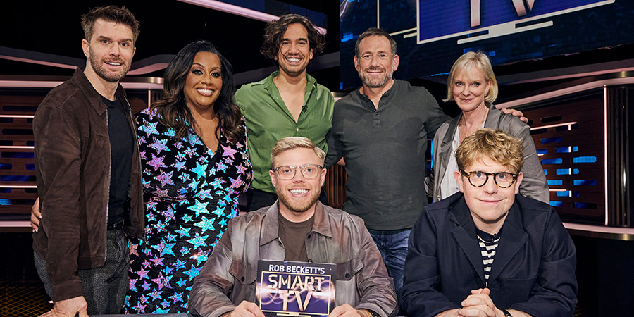 Rob Beckett's Smart TV. Image shows left to right: Joel Dommett, Alison Hammond, Nathaniel Curtis, Rob Beckett, Jason Fox, Hermione Norris, Josh Widdicombe