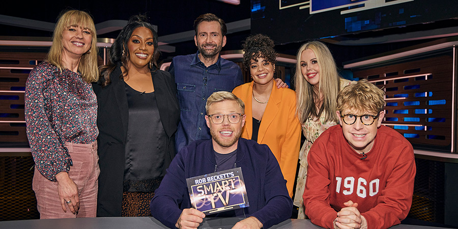 Rob Beckett's Smart TV. Image shows left to right: Sara Cox, Alison Hammond, David Tennant, Rob Beckett, Lydia West, Roisin Conaty, Josh Widdicombe