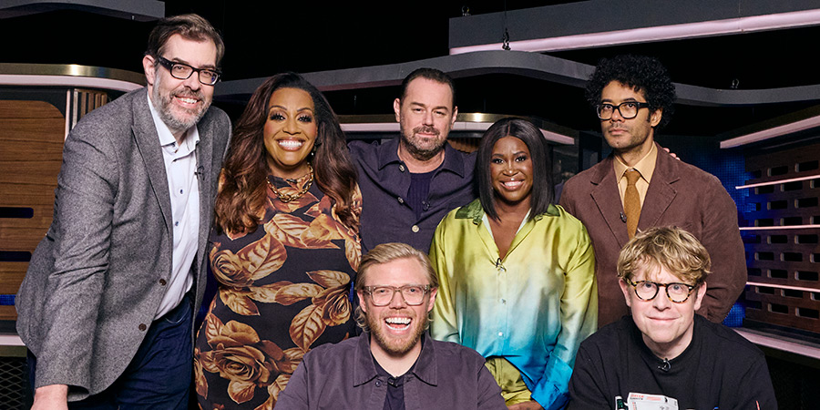 Rob Beckett's Smart TV. Image shows left to right: Richard Osman, Alison Hammond, Rob Beckett, Danny Dyer, Motsi Mabuse, Richard Ayoade, Josh Widdicombe