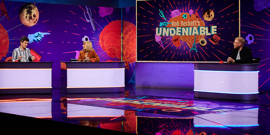 Rob Beckett's Undeniable. Image shows from L to R: Ivo Graham, Fay Ripley, Rob Beckett. Copyright: Monkey Kingdom