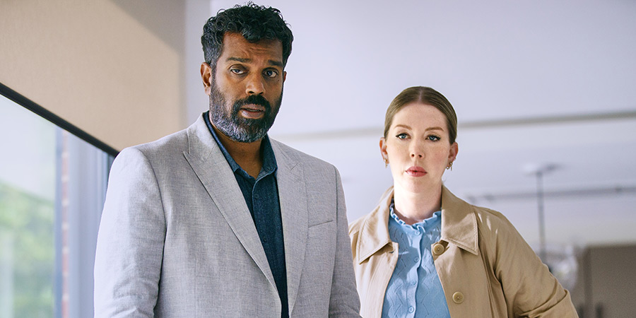 Romantic Getaway. Image shows left to right: Deacon (Romesh Ranganathan), Allison (Katherine Ryan)