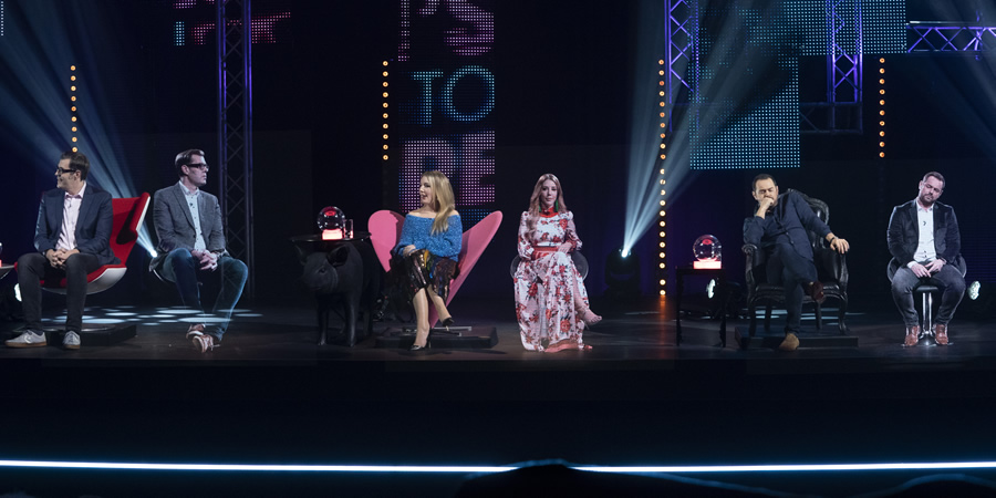 Romesh's Look Back To The Future. Image shows from L to R: Richard Osman, Katherine Ryan, Danny Dyer. Copyright: Hungry Bear Media