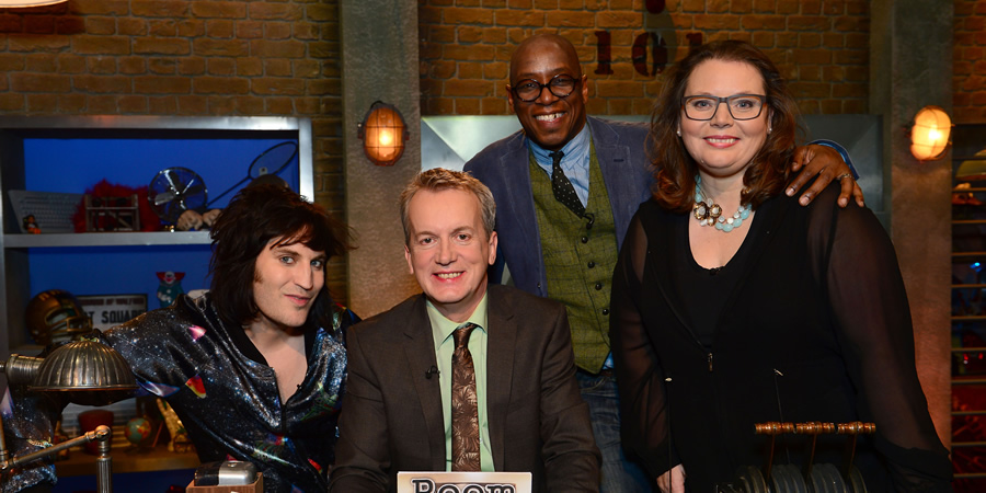 Room 101. Image shows from L to R: Noel Fielding, Frank Skinner, Ian Wright, Joanna Scanlan. Copyright: Hat Trick Productions