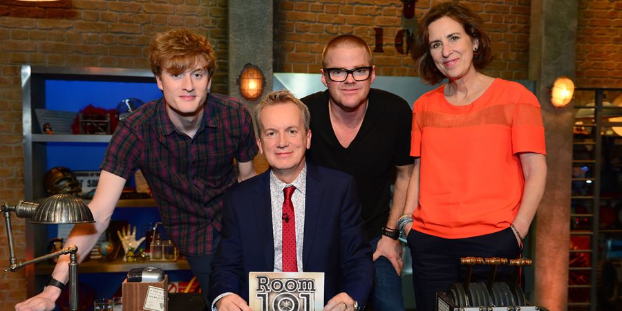 Room 101. Image shows from L to R: James Acaster, Frank Skinner, Heston Blumenthal, Kirsty Wark. Copyright: Hat Trick Productions