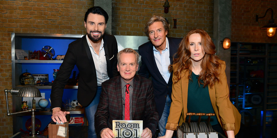 Room 101. Image shows from L to R: Rylan Clark-Neal, Frank Skinner, Nigel Havers, Catherine Tate. Copyright: Hat Trick Productions