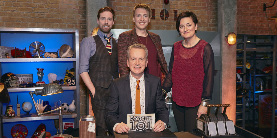 Room 101. Image shows from L to R: Ricky Wilson, Frank Skinner, Joe Lycett, Zoe Lyons. Copyright: Hat Trick Productions