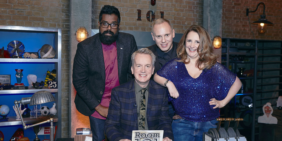 Room 101. Image shows from L to R: Romesh Ranganathan, Frank Skinner, Robert Rinder, Lucy Porter. Copyright: Hat Trick Productions