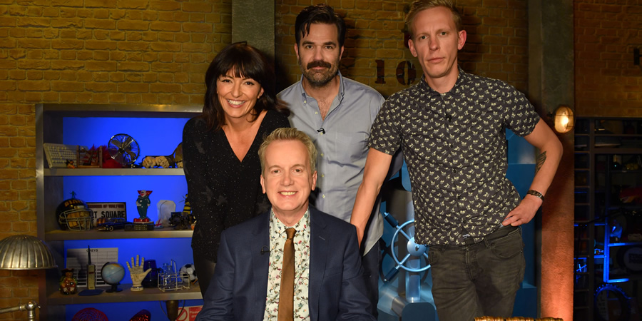 Room 101. Image shows from L to R: Davina McCall, Frank Skinner, Rob Delaney, Laurence Fox. Copyright: Hat Trick Productions