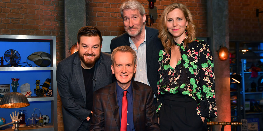 Room 101. Image shows from L to R: Alex Brooker, Frank Skinner, Jeremy Paxman, Sally Phillips. Copyright: Hat Trick Productions