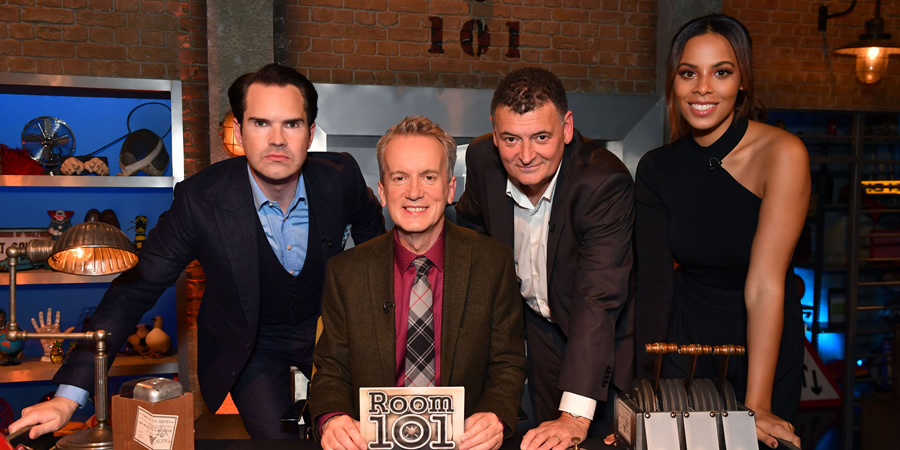 Room 101. Image shows from L to R: Jimmy Carr, Frank Skinner, Steven Moffat, Rochelle Humes. Copyright: Hat Trick Productions