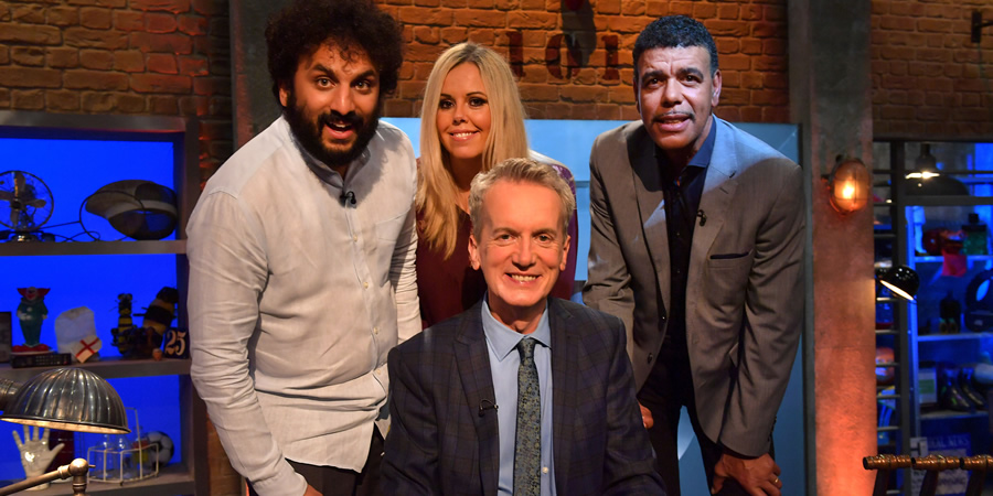 Room 101. Image shows from L to R: Nish Kumar, Roisin Conaty, Frank Skinner, Chris Kamara. Copyright: Hat Trick Productions