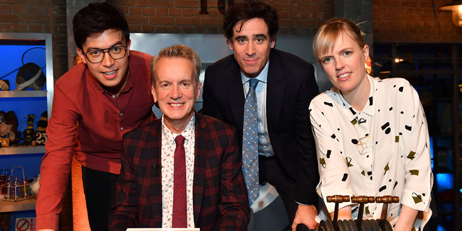 Room 101. Image shows from L to R: Phil Wang, Frank Skinner, Stephen Mangan, Holly Walsh. Copyright: Hat Trick Productions