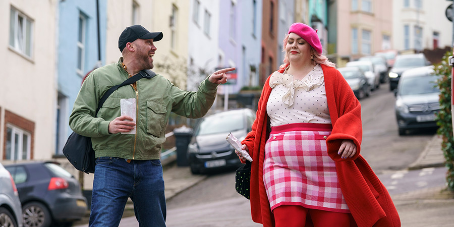 Ruby Speaking. Image shows left to right: Tom (Joe Sims), Ruby (Jayde Adams)