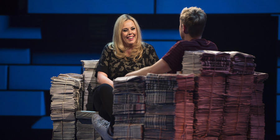 The Russell Howard Hour. Image shows from L to R: Roisin Conaty, Russell Howard. Copyright: Avalon Television