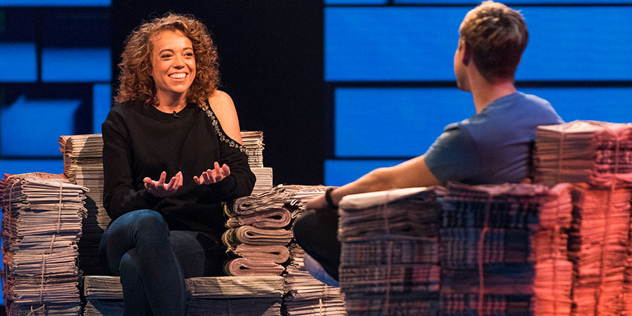 The Russell Howard Hour. Image shows from L to R: Michelle Wolf, Russell Howard. Copyright: Avalon Television