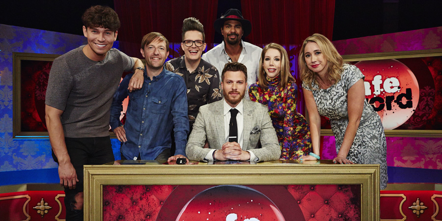 Safeword. Image shows from L to R: Joey Essex, Andrew Maxwell, David Morgan, Rick Edwards, David Haye, Katherine Ryan, Tiffany Stevenson